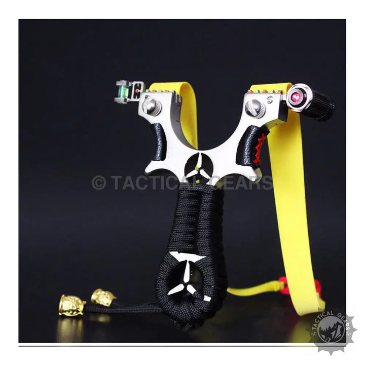 Professional Mercedes Slingshot with metal bow, yellow flat bands, and aiming sight