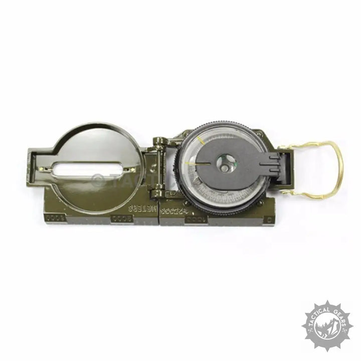 Open olive green Marching Lensatic Compass with compass card and magnetic heading