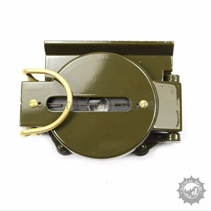 Olive green military-style Marching Lensatic Compass with compass card and magnetic heading