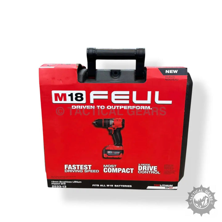 Red Milwaukee 28v rechargeable drill kit case with drill image and product info