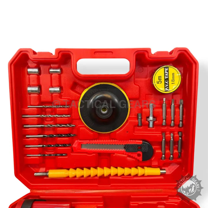 Milwaukee 28v rechargeable drill kit with drill bits, screwdriver bits, and tools in red case