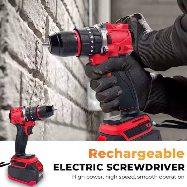 Red and black Milwaukee M18 rechargeable drill with battery pack for versatile use