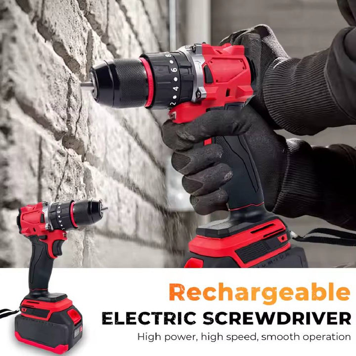 Red and black Milwaukee M18 rechargeable drill with battery pack for versatile use