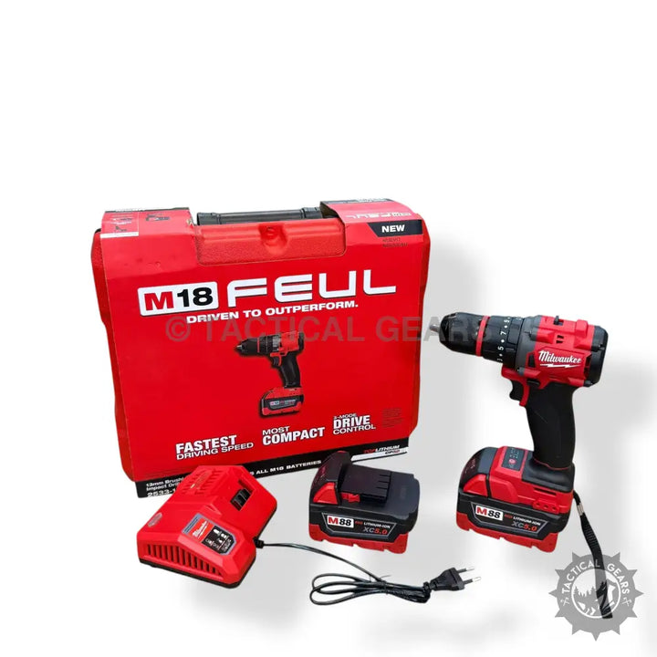 Milwaukee M18 FUEL rechargeable drill kit with battery pack, charger, and case