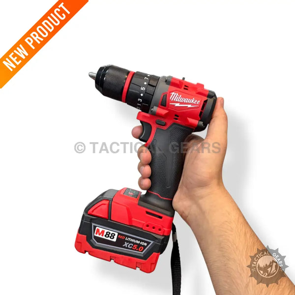 Milwaukee M18 FUEL rechargeable drill with battery pack and red black design