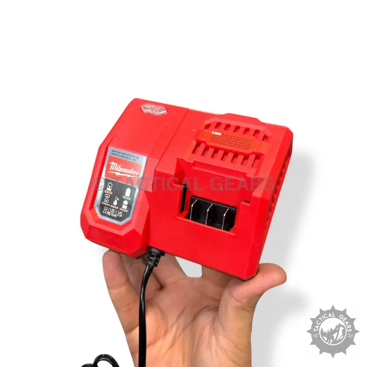 Red Milwaukee M18 rechargeable battery charger for drill battery pack