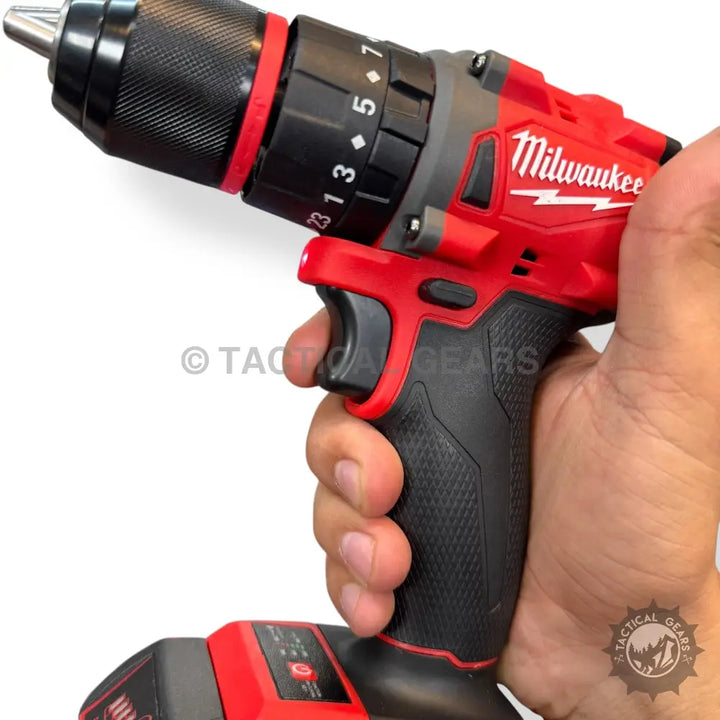 Red and black Milwaukee M18 FUEL rechargeable drill with battery pack and torque setting