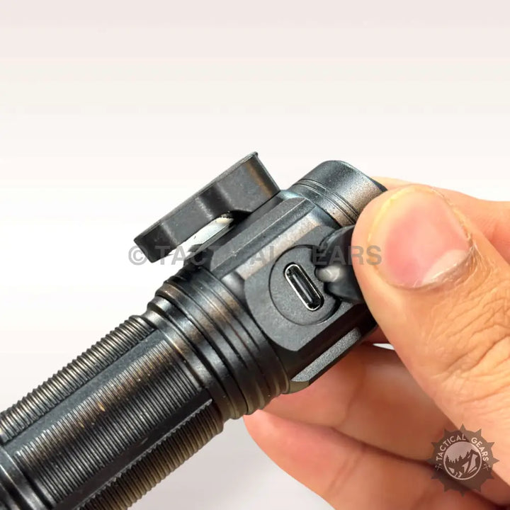 Mini High Power Flashlight featuring black tactical design with USB-C port and pocket clip
