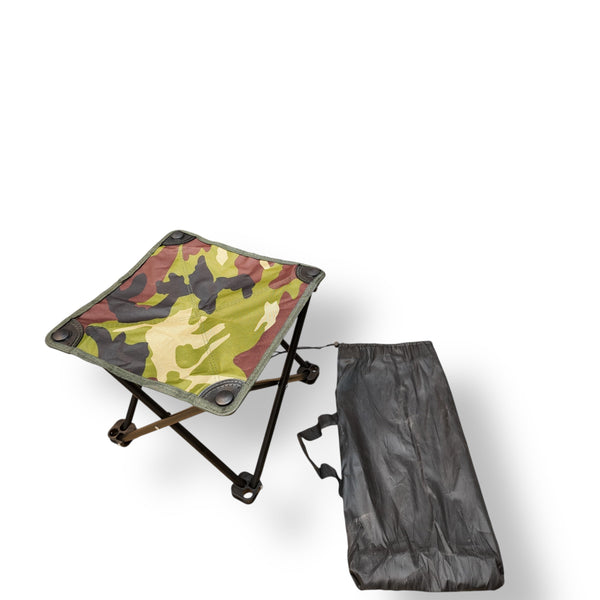 Mini portable camouflage folding camping stool with black carrying bag for outdoor use