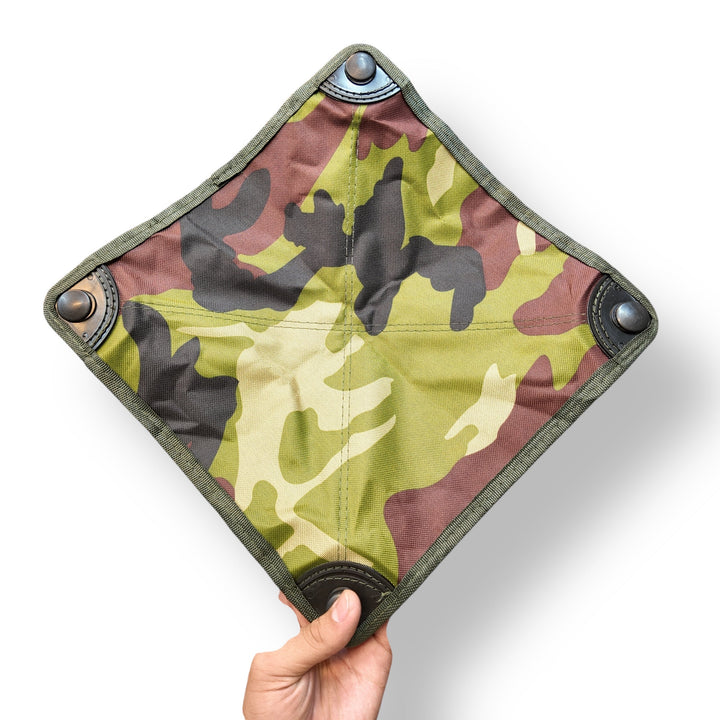 Mini portable camouflage folding camping stool with reinforced corners and foldable fabric mat