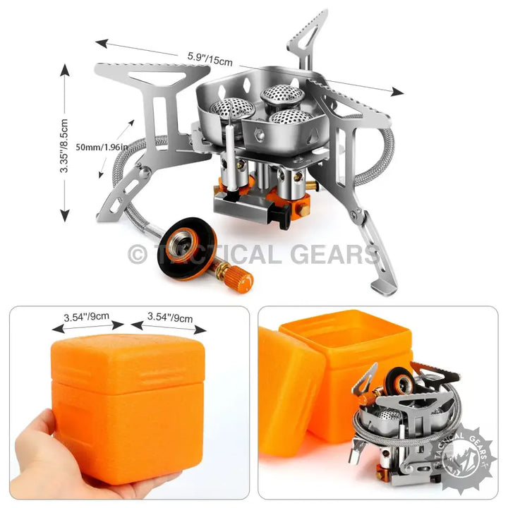 Mini Portable Camping Gas Stove with foldable three-burner design and protective case