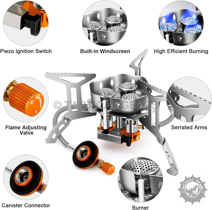Mini Portable Camping Gas Stove with Piezo ignition, windscreen, flame control, and canister connector
