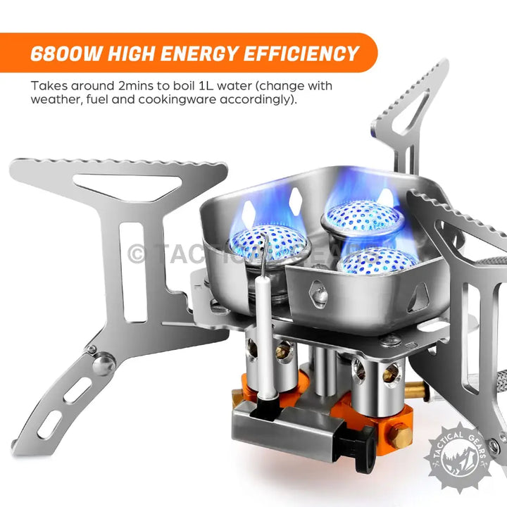 Mini Portable Camping Gas Stove with three burners and foldable support legs for camping gas trips