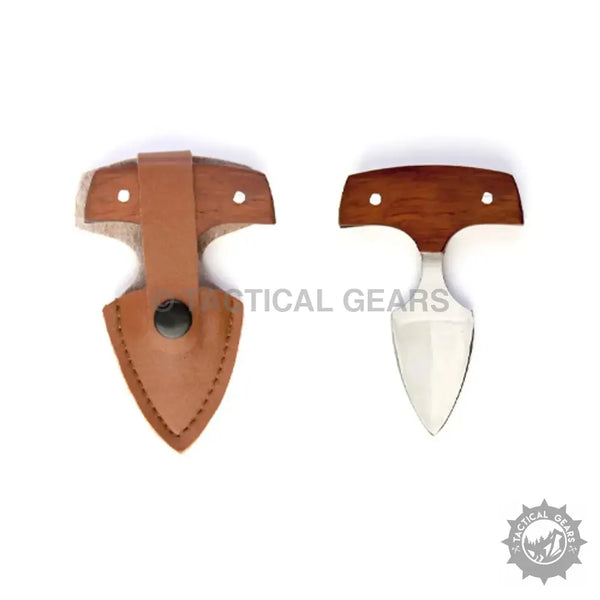 Mini Push Knife with wooden handle leather sheath and silver push knife blade