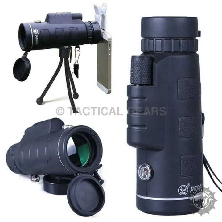 Black mobile monocular telescope with tripod and smartphone adapter for outdoor viewing