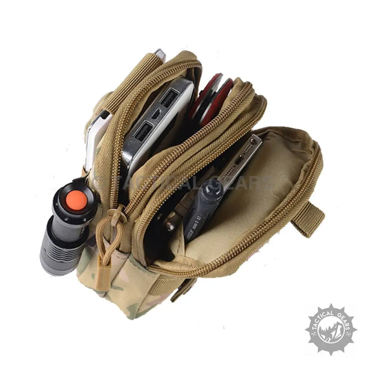 Open tan camouflage MOLLE tactical waist pouch filled with electronic devices and tools