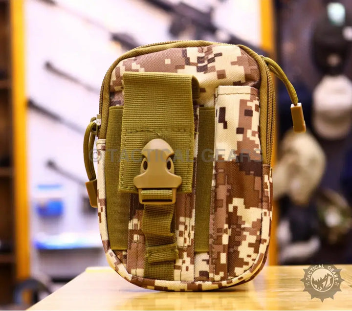 Digital desert camouflage waist pouch with phone holder and olive drab strap for tactical use