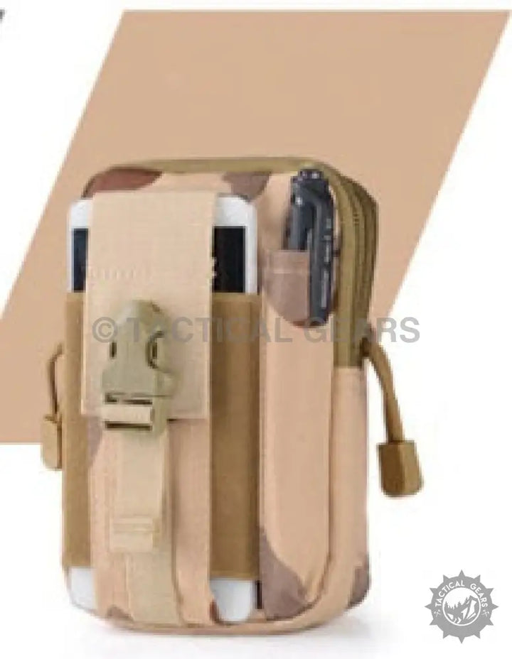 Tan camouflage tactical waist pouch with multiple compartments and phone holder