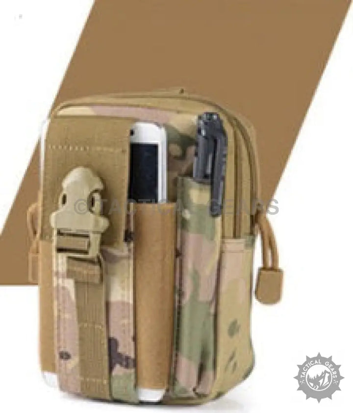 Coyote brown and camouflage waist tactical pouch with phone slot and external buckle