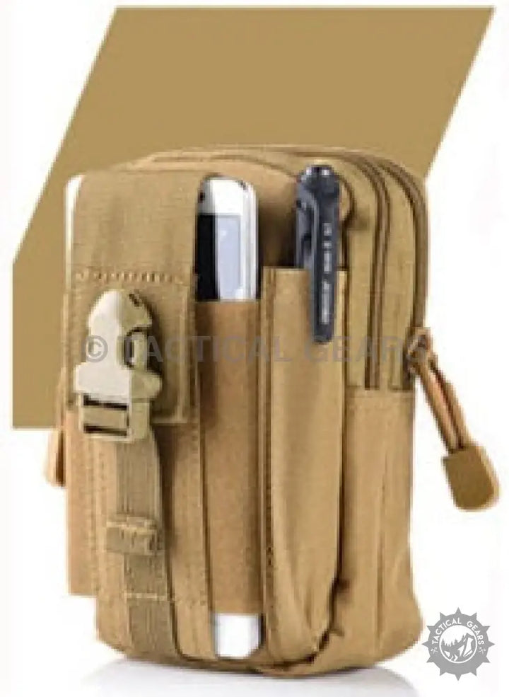 Tan tactical waist MOLLE pouch with compartments, buckle closure, and zippered pocket