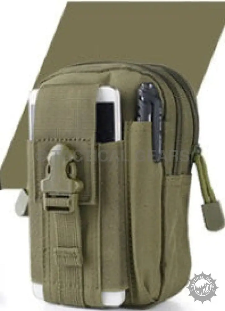 Olive green tactical waist pouch with multiple compartments and buckle closure