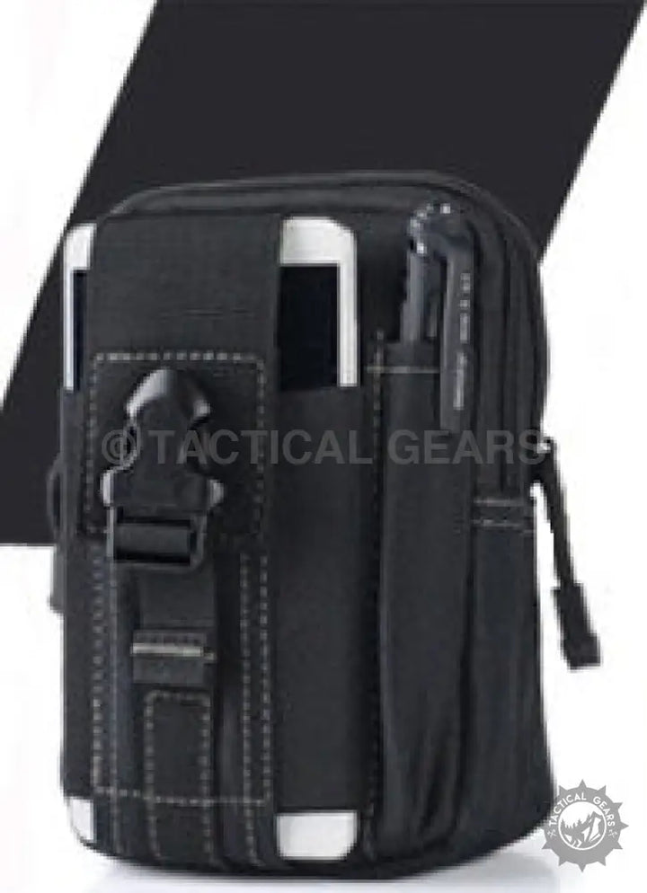 Black tactical waist bag with multiple compartments for phones and pens, ideal waist pouch