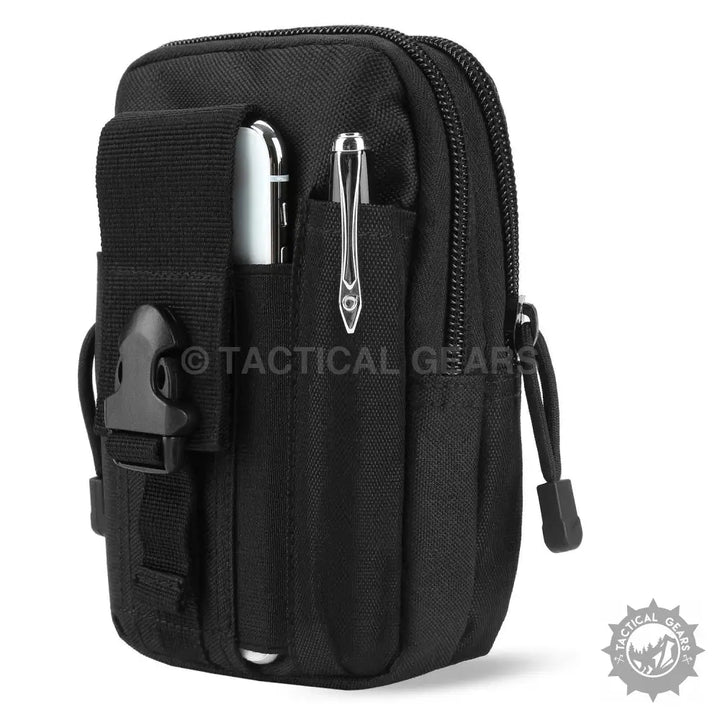 Black tactical MOLLE waist pouch with external pockets and buckle closure for gear storage