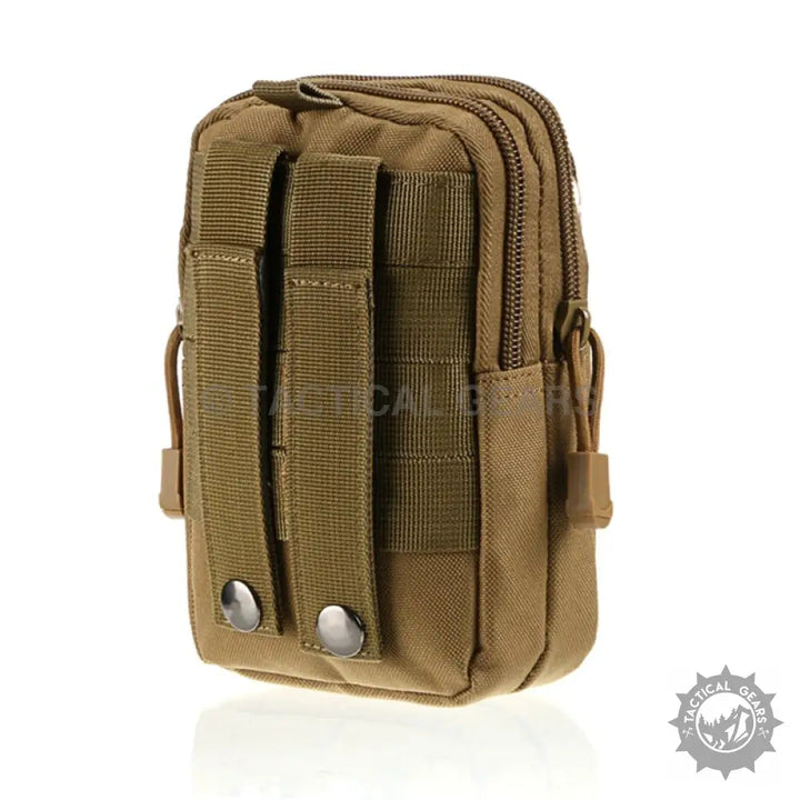 Tan tactical MOLLE waist pouch with multiple compartments and secure snap closures