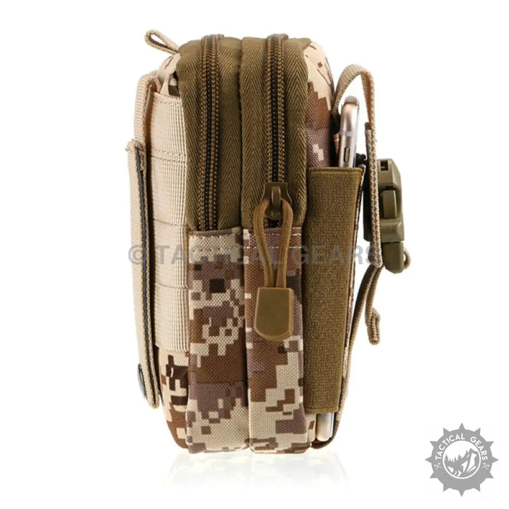 Desert digital camouflage waist pouch with multiple compartments and phone holder