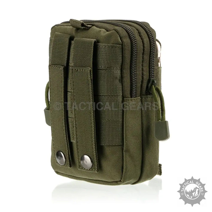 Olive green MOLLE waist tactical pouch with zippered compartments and snap-button straps