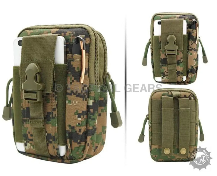 Olive green camouflage digital print tactical waist pouch with multiple compartments and phone holder