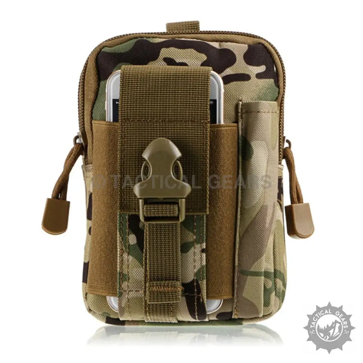 Camouflage tactical waist pouch with phone holder and buckle closure for outdoor activities