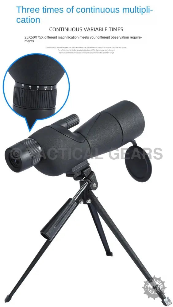 Black spotting scope with tripod for versatile viewing, part of the Monocular 25-75X60ED Telescope series