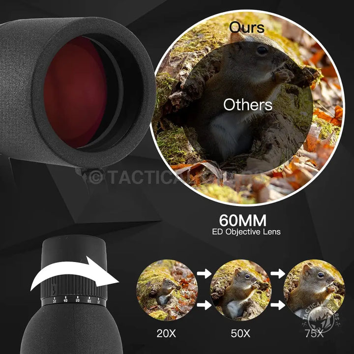 Black spotting scope with red lens, adjustable zoom, enhanced clarity for Monocular 25-75X60ED Telescope