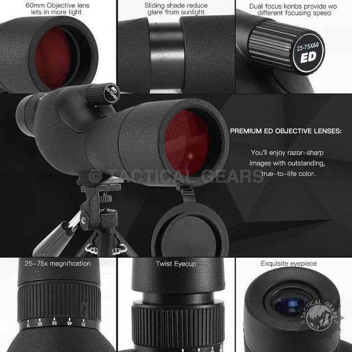 Black spotting scope with red lens, dual focus, sunshade, for monocular 25-75x60ed telescope