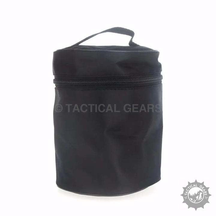 Black cylindrical gasoline stove carrying bag with zipper closure and top handle for pressure cooking