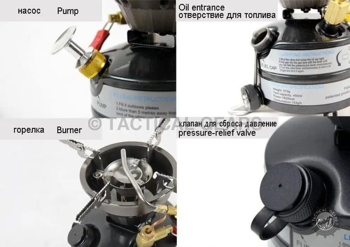 Portable gasoline stove with labeled pressure valve burner pump and oil entrance for camping