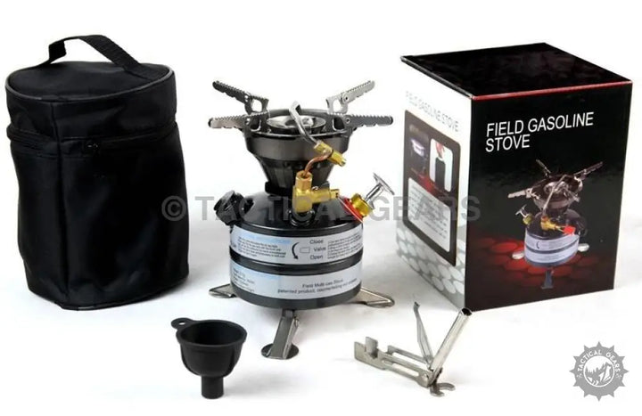 Portable gasoline camping stove with carrying bag, funnel, tools, ideal for family pressure cooking