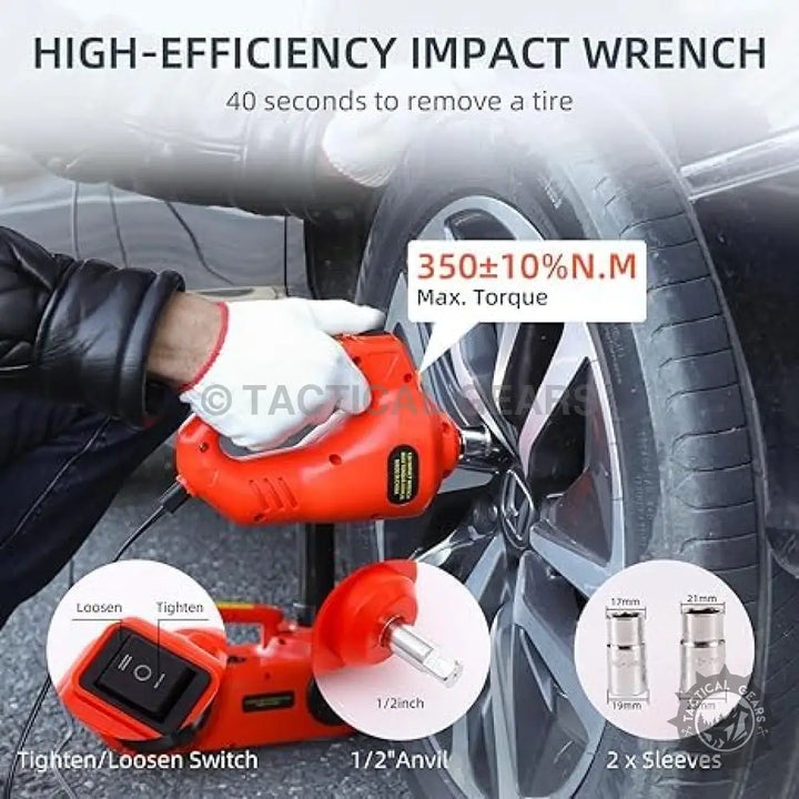 Impact wrench with 350Nm torque, 1/2 inch anvil, tighten/loosen switch, and sleeves