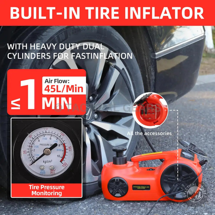 Orange portable electric car jack with built-in tire inflator and pressure gauge for impact wrench use