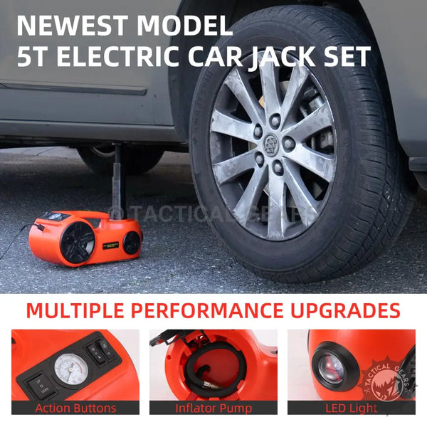 Orange electric car jack with built-in inflator pump and LED light for impact wrench use