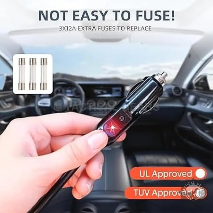 Car cigarette lighter adapter with illuminated power indicator and spare fuses for impact wrench use
