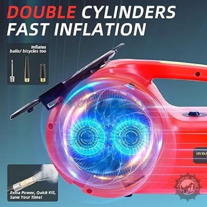 Red portable air compressor with dual cylinders and impact wrench nozzles for car repairs