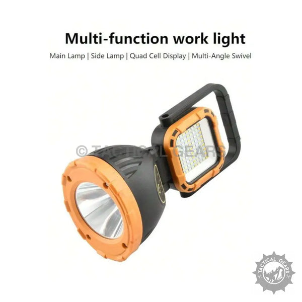 Orange and black multi-function outdoor solar work light with swivel and multiple lamps