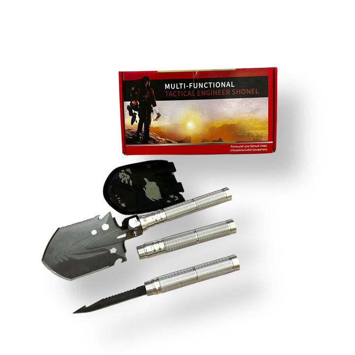 Imported foldable multi-function tactical shovel with detachable handle and carrying pouch