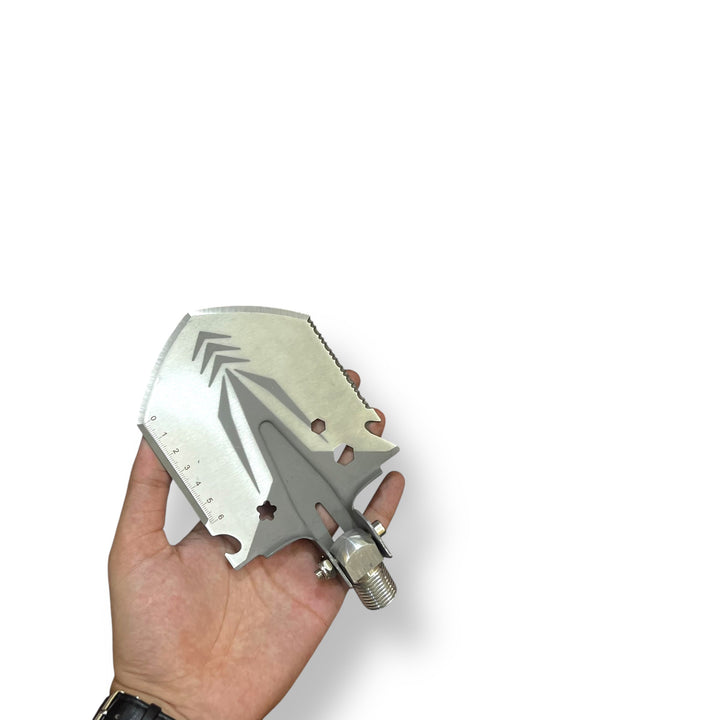 Multi-functional stainless steel foldable multi-function shovel with serrated edges and bottle opener