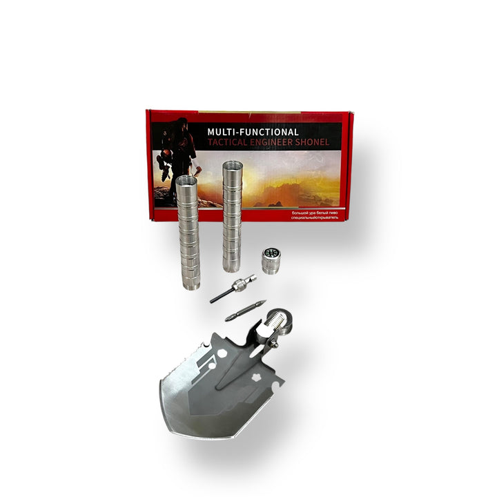 Disassembled lot imported foldable multi-function tactical shovel kit with attachments