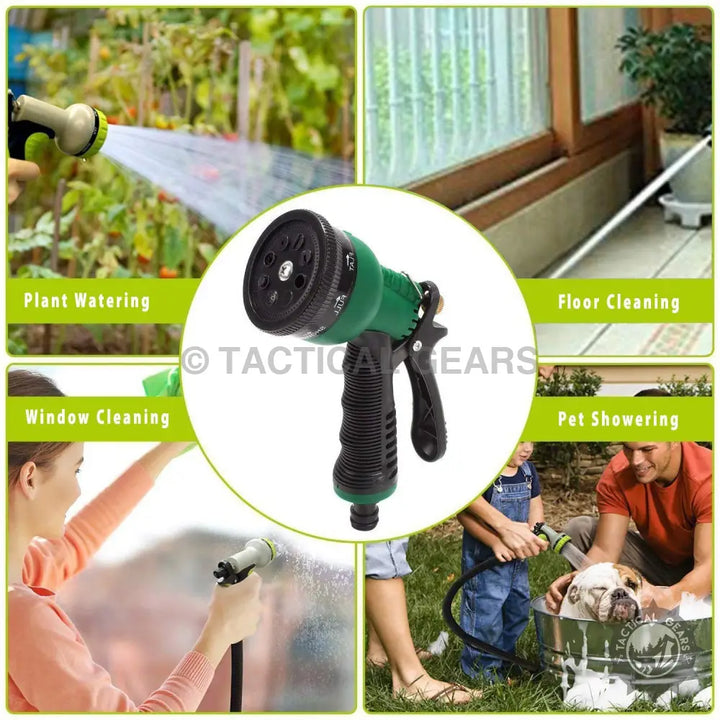 Multi-functional green and black spray gun for outdoor cleaning and watering tasks