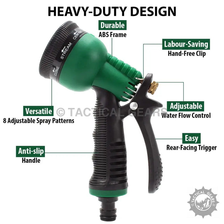 Heavy-duty green and black garden pressure hose spray gun with adjustable spray patterns