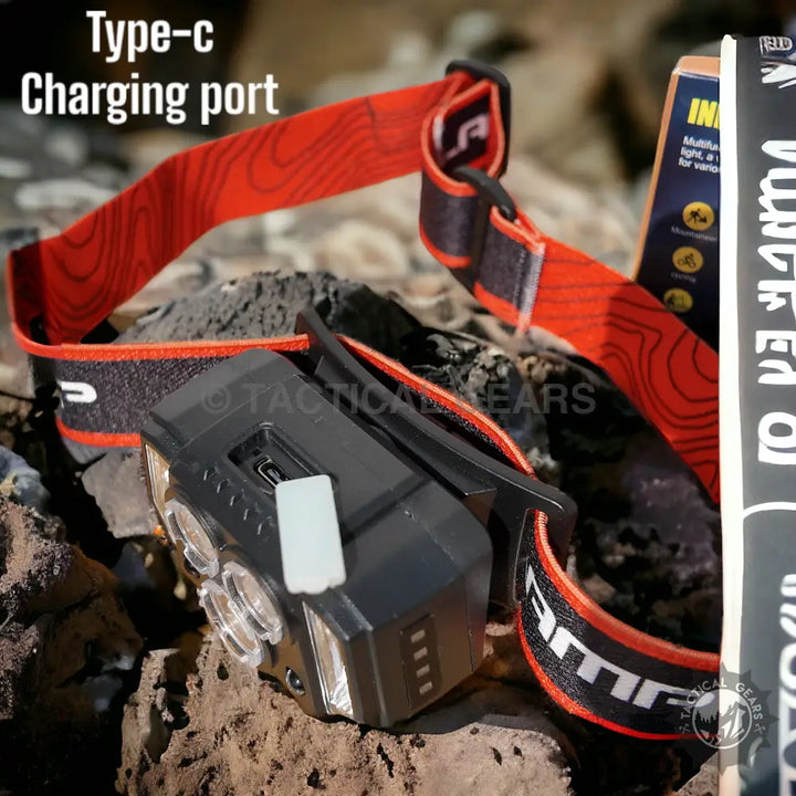 Outdoor Black Headlamp with Red Adjustable Strap and Type-C Charging Port